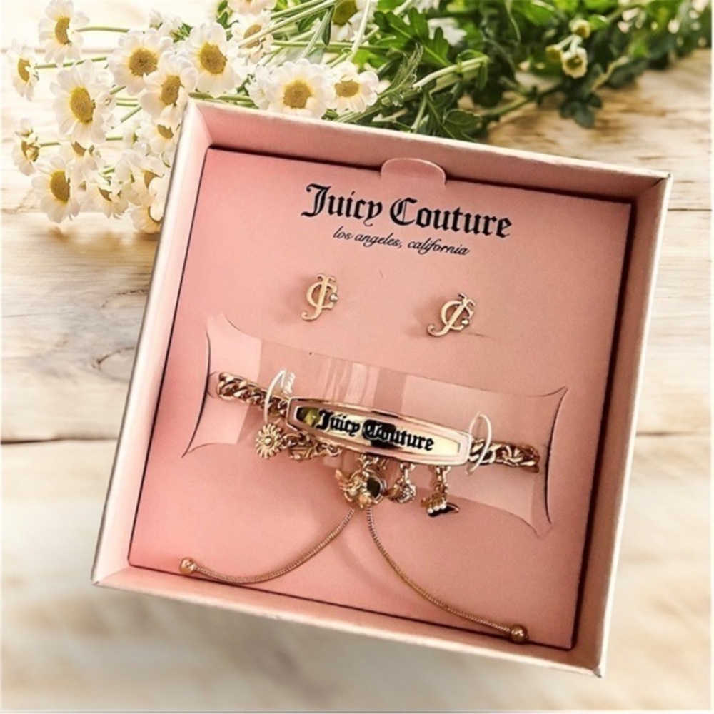 NWT JUICY COUTURE bracelet and earrings set heart embellished with rhinestones
